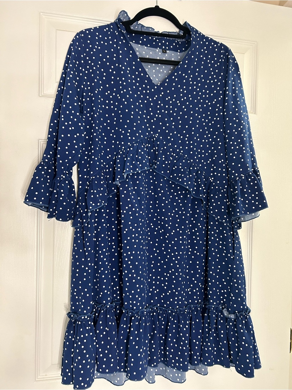 Womens Navy Blue Polka Dot Ruffle Dress